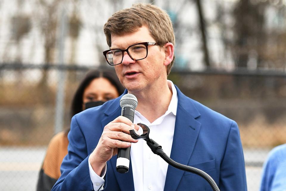 Jeffrey A. Parker, General Manager/CEO of the Metropolitan Atlanta Rapid Transit Authority (MARTA) speaks during Lil Baby's Warm Winter Wishes at West End Marta Train Station on December 23, 2020 in Atlanta, Georgia.