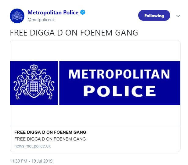 Screengrab taken from Twitter of @metpoliceuk, the official twitter account of the Metropolitan Police, which appeared to have been hacked