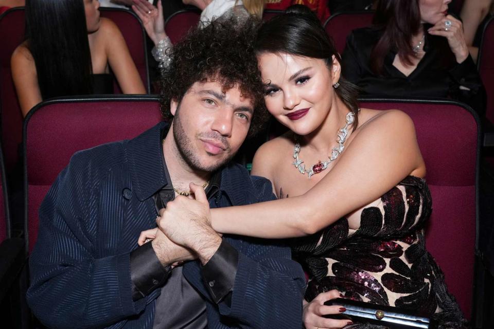 <p>Jordan Strauss/Invision for the Television Academy/AP Images</p> Benny Blanco and Selena Gomez at the 2023 Emmys in Los Angeles on Jan. 15, 2024