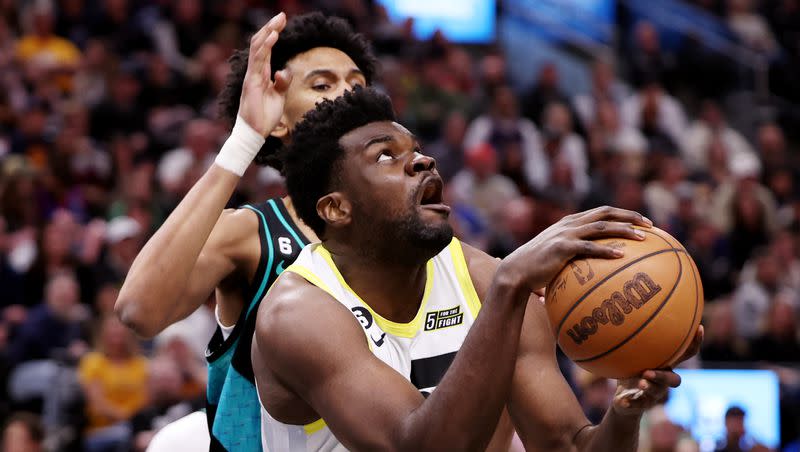 Utah Jazz center Udoka Azubuike (20) turns and goes up for a shot as the Jazz and the Trail Blazers play at Vivint Arena in Salt Lake City on Wednesday, March 22, 2023.