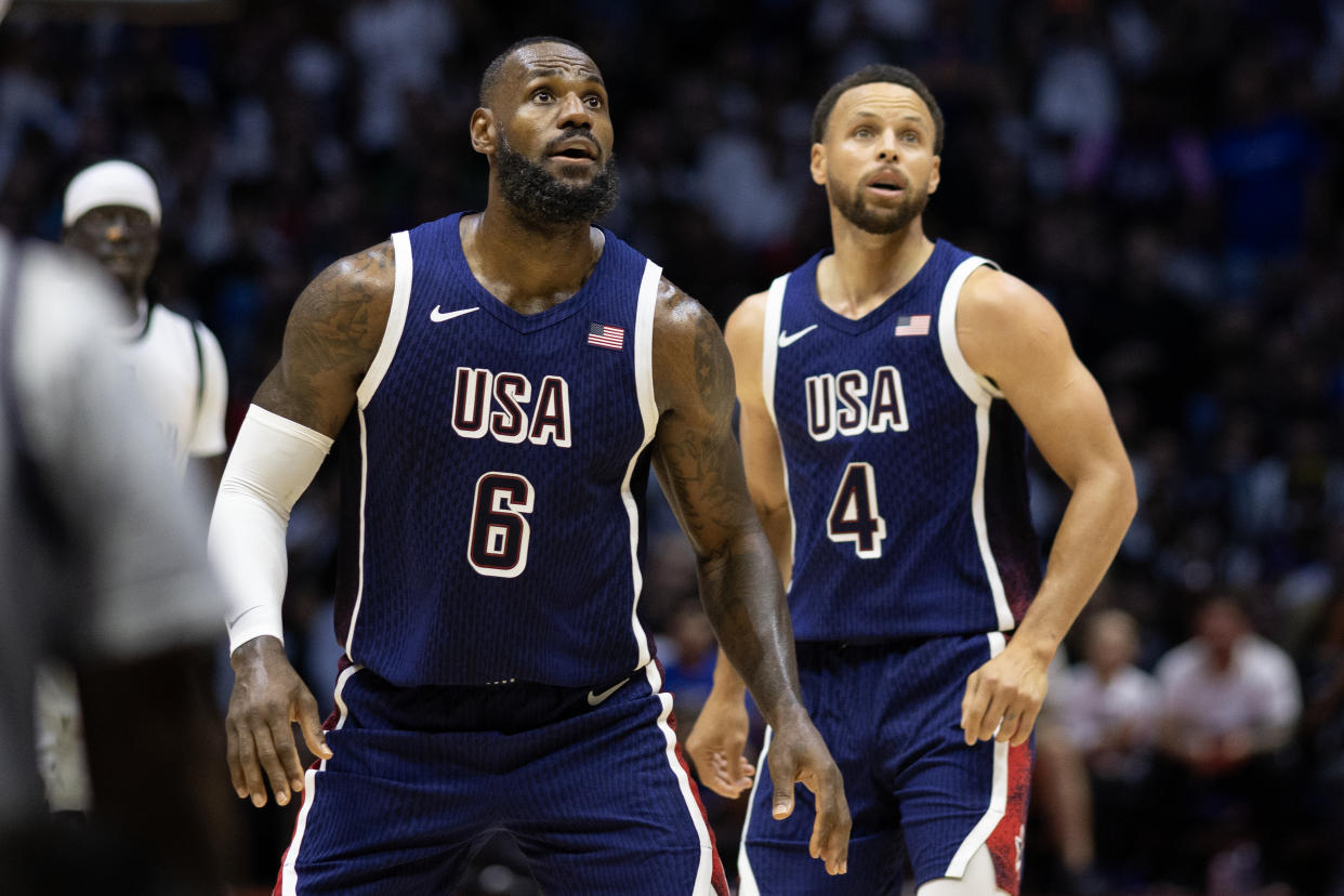 LONDON, ENGLAND: JULY 20:  LeBron James #6 of the United States and Stephen Curry #4 of the United States during the USA V South Sudan, USA basketball showcase in preparation for the Paris Olympic Games at The O2 Arena on July 20th, 2024, in London, England. (Photo by Tim Clayton/Corbis via Getty Images)