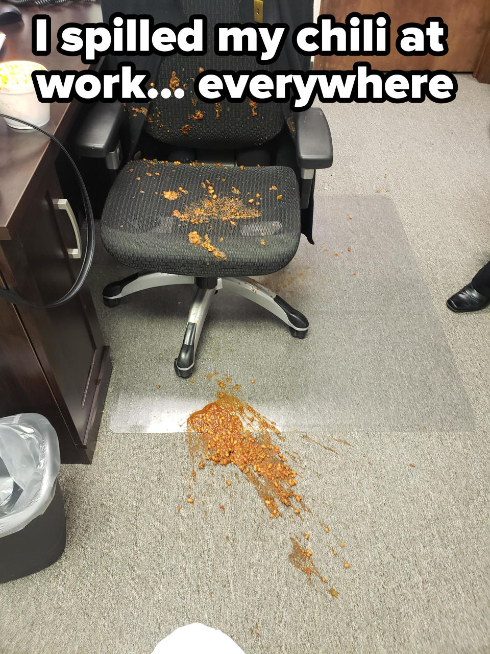 Chili all over someone's desk chair and floor