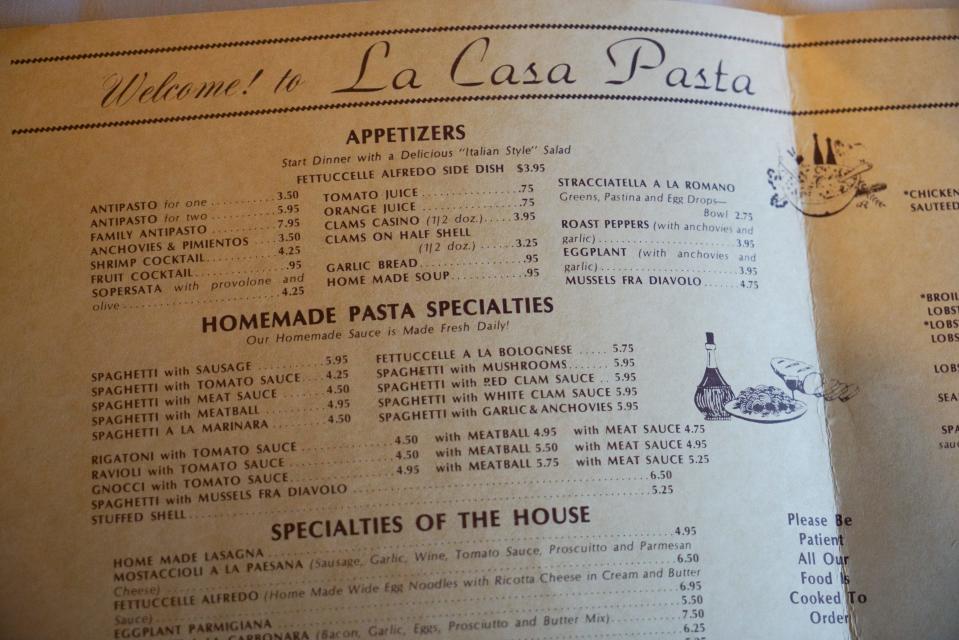 An old menu from La Casa Pasta, which has been in business in Glasgow since 1978.