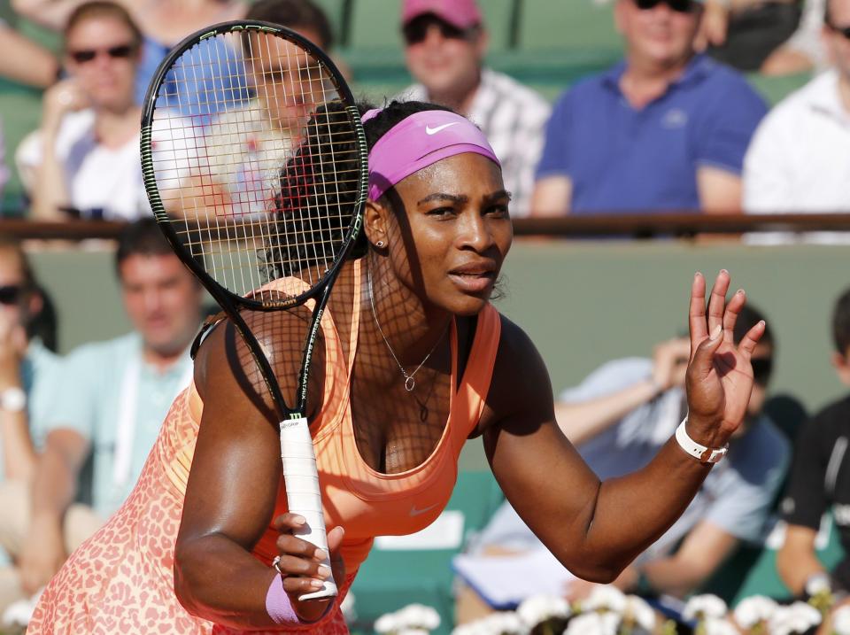 Serena Williams of the U.S. reacst during her women's semi-final match against Timea Bacsinszky of Switzerland at the French Open tennis tournament at the Roland Garros stadium in Paris, France, June 4, 2015. REUTERS/Jean-Paul Pelissier