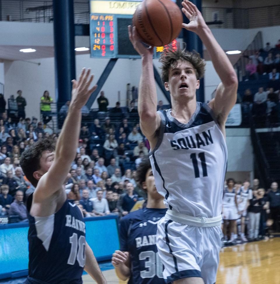 Squan Jack Dettlinger drive to the basket. Manasquan Boys basketball vs.Ranney in Shore Conference Final in West Long Branch on February 19, 2023