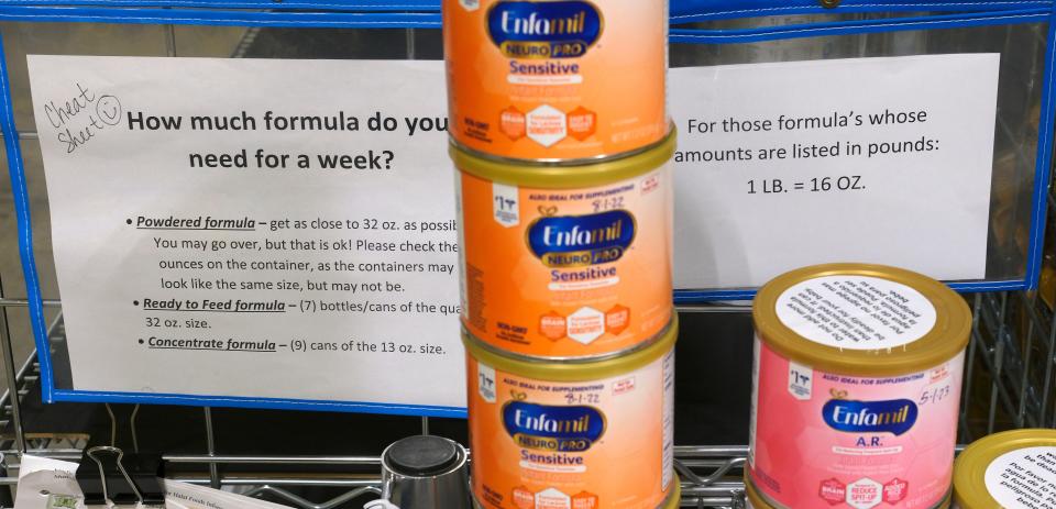 Signage at Infant Crisis Services in Oklahoma City explains how much baby formula is typically needed to last a week. The weekly metric has gained new significance during the nationwide shortage, as many local nonprofits and major retailers alike are having to regulate how much product people are able to take with them after each visit.