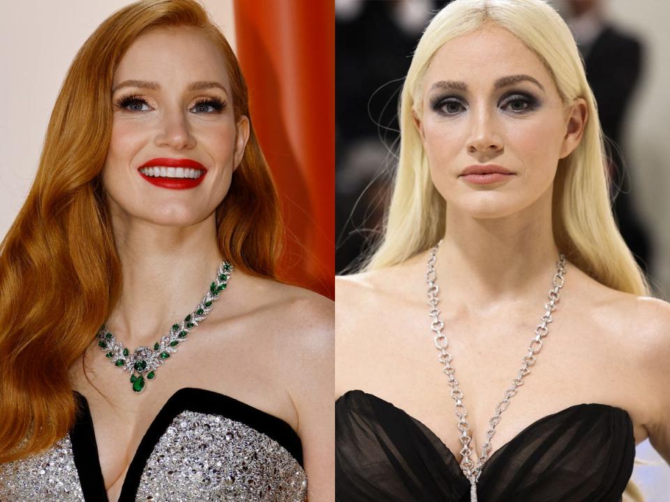 jessica chastain posing on the red carpet with her signature red hair and the actress on the red carpet with bleach blonde hair