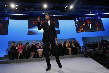 Britain's opposition Labour party leader Ed Miliband delivers his speech at the annual Labour party conference in Brighton, southern England September 24, 2013. REUTERS/Stefan Wermuth