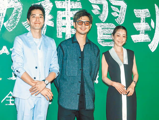 藍正龍（左起）、陳柏霖、謝欣穎昨出席首映會。（粘耿豪攝）