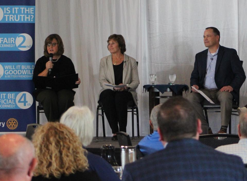 Sioux Falls School District administrators speak at a Downtown Sioux Falls Rotary meeting on Monday, Sept. 18, 2023. From left to right: superintendent Jane Stavem, assistant superintendents Teresa Boysen and Jamie Nold.