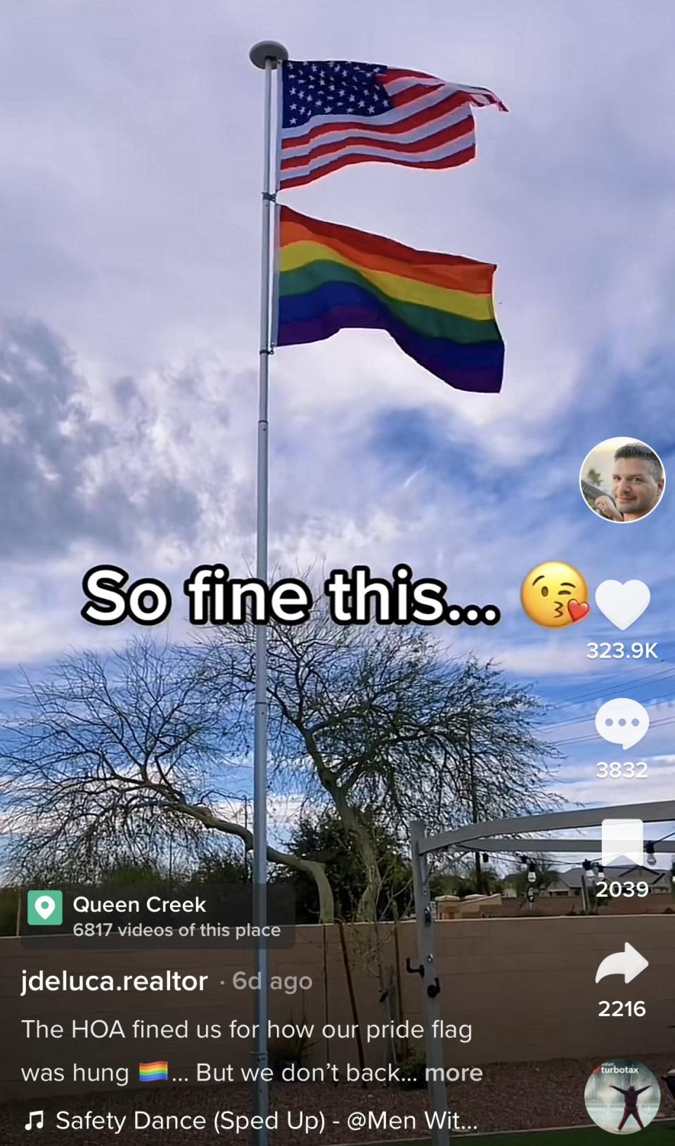 The US and pride flags flying with the caption, "So fine this" with a kiss face emoji