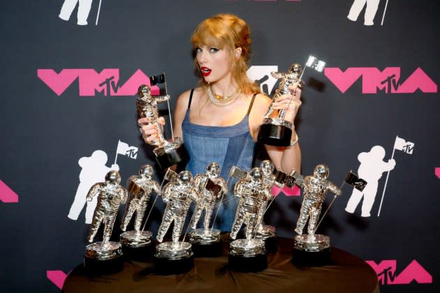 Taylor Swift with all her trophies after the 2023 MTV Video Music Awards.  - Credit: Kevin Mazur/Getty Images/Getty Images