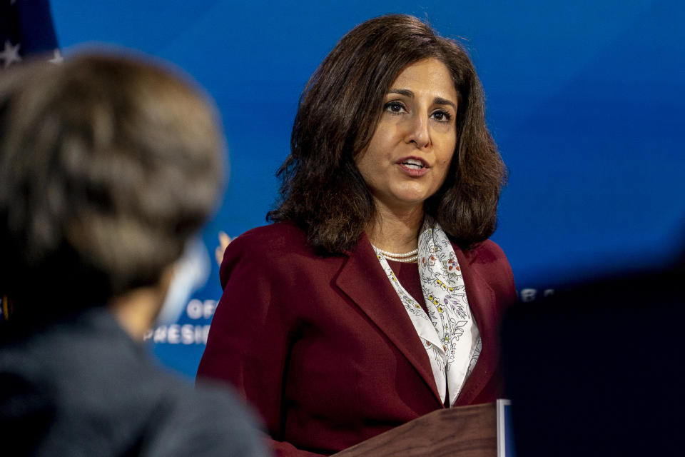 FILE - In this Dec. 1, 2020, file photo President-elect Joe Biden's nominee to serve as Director of the Office of Management and Budget Neera Tanden speaks at The Queen theater in Wilmington, Del. (AP Photo/Andrew Harnik, File)