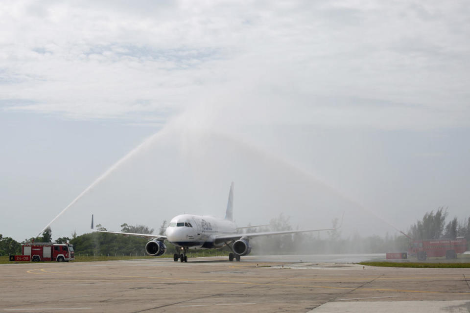 A JetBlue aeroplane lands at Abel Santamaria International Airport in Santa Clara, Cuba