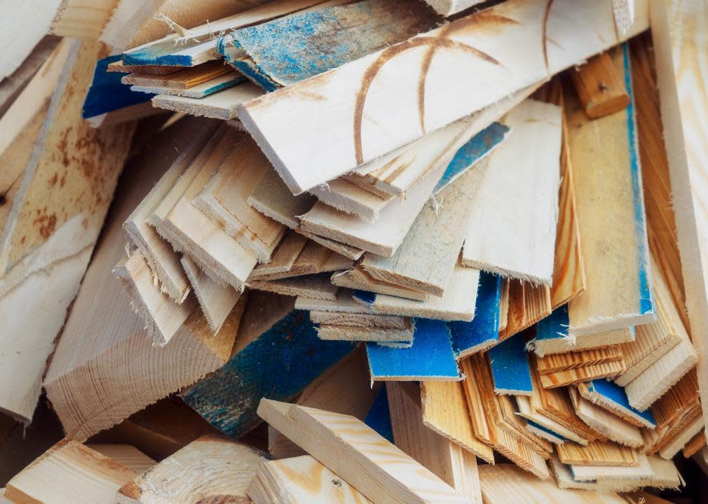 A pile of wood chips and wood waste for recycling.