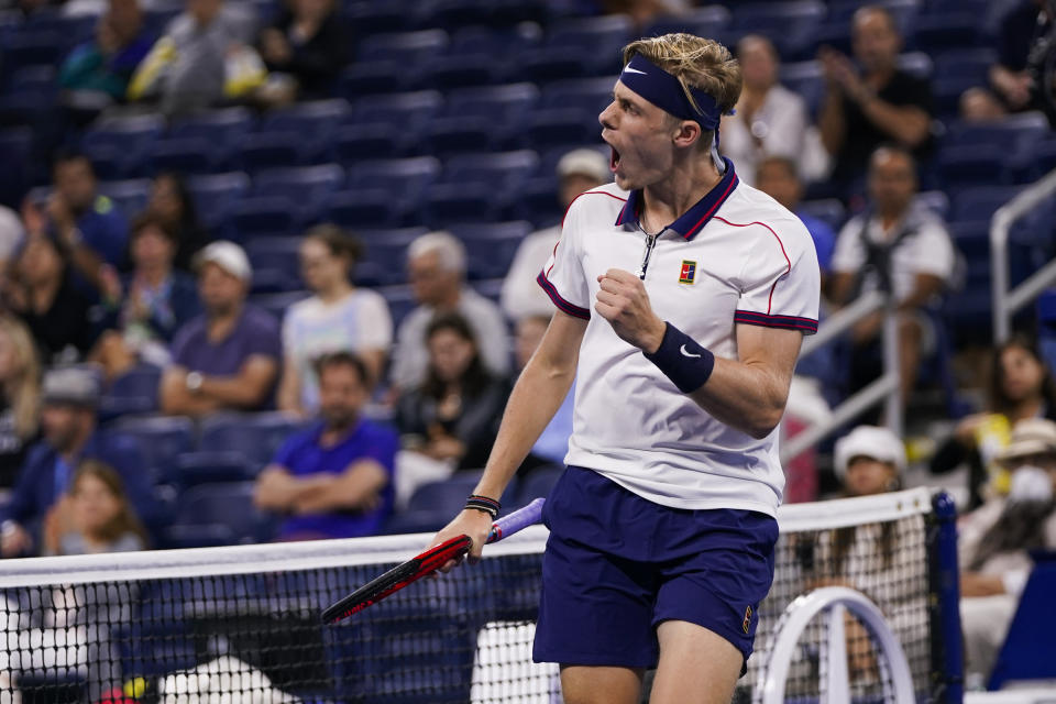Denis Shapovalov, of Canada, reacts after winning a point against Roberto Carballes Baena, of Spain, during the second round of the US Open tennis championships, Thursday, Sept. 2, 2021, in New York. (AP Photo/Frank Franklin II)