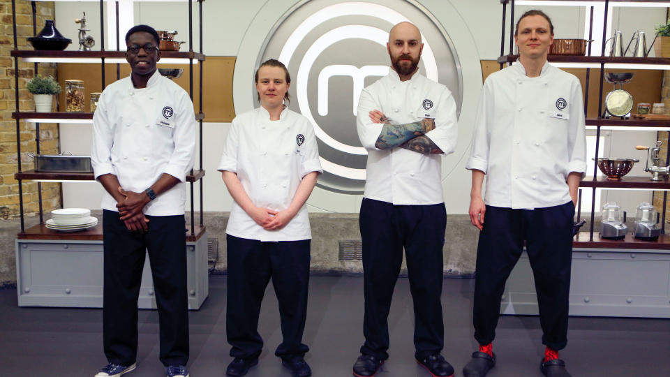 Philippe, Verity, Dan, Dimi (L-R) in the kitchen for MasterChef: The Professionals 2023