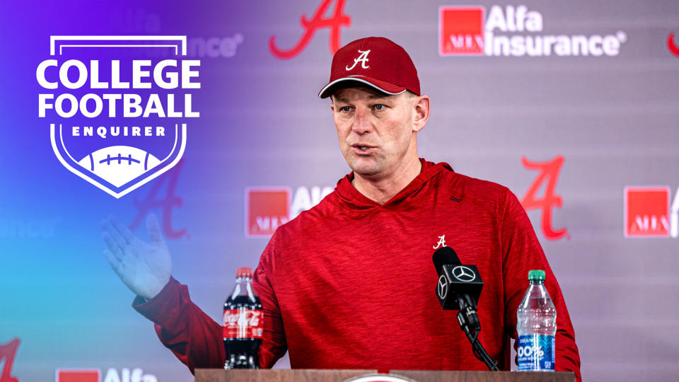 Newly minted Alabama Crimson Tide head coach Kalen DeBoer speaks before the media. The former University of Washington head coach has quite the act to follow after the retirement of Nick Saban. (AP Photo/Vasha Hunt)