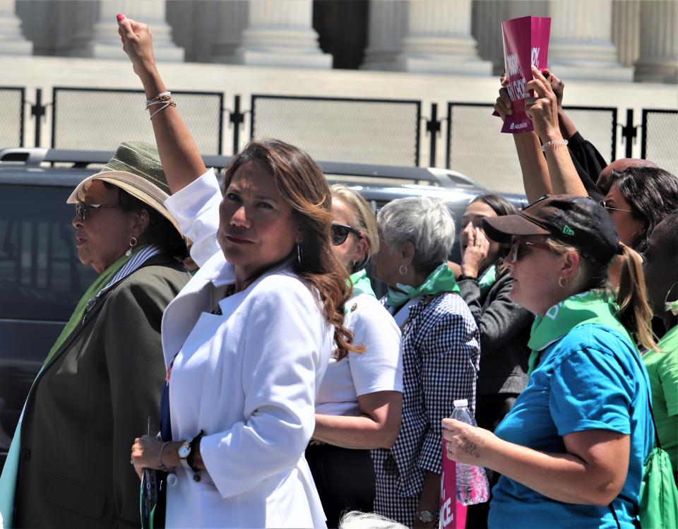 U.S. Rep. Veronica Escobar joins a protest outside the U.S. Supreme Court on Tuesday. She was later arrested.