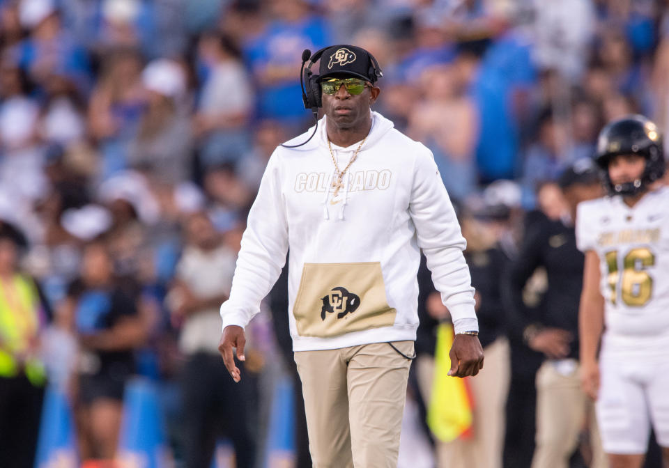 PASADENA, CA - OCTOBER 28: Colorado Buffaloes head coach Deion Sanders on the sidelines during the game between the Colorado Buffalos and the UCLA Bruins on October 28, 2023, at Rose Bowl Stadium in Pasadena, CA. (Photo by David Dennis/Icon Sportswire via Getty Images)