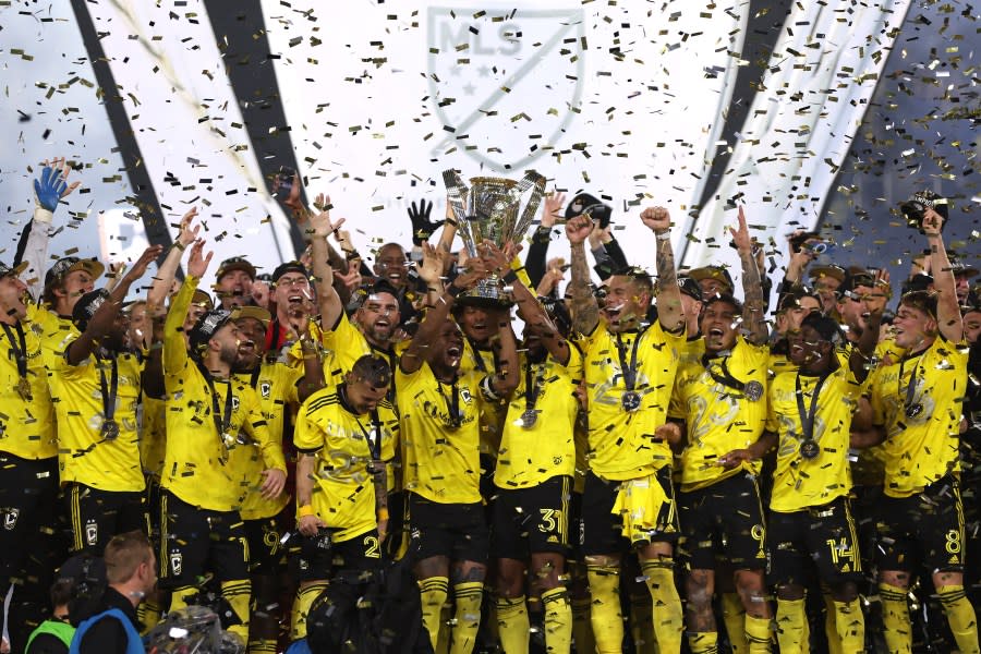 COLUMBUS, OHIO – DECEMBER 09: The Columbus Crew hold up the Philip F. Anschutz Trophy after winning the 2023 MLS Cup against the Los Angeles FC at Lower.com Field on December 09, 2023 in Columbus, Ohio. (Photo by Maddie Meyer/Getty Images)