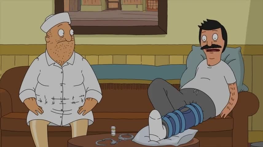 Teddy dressed as a nurse sitting next to Bob Belcher.