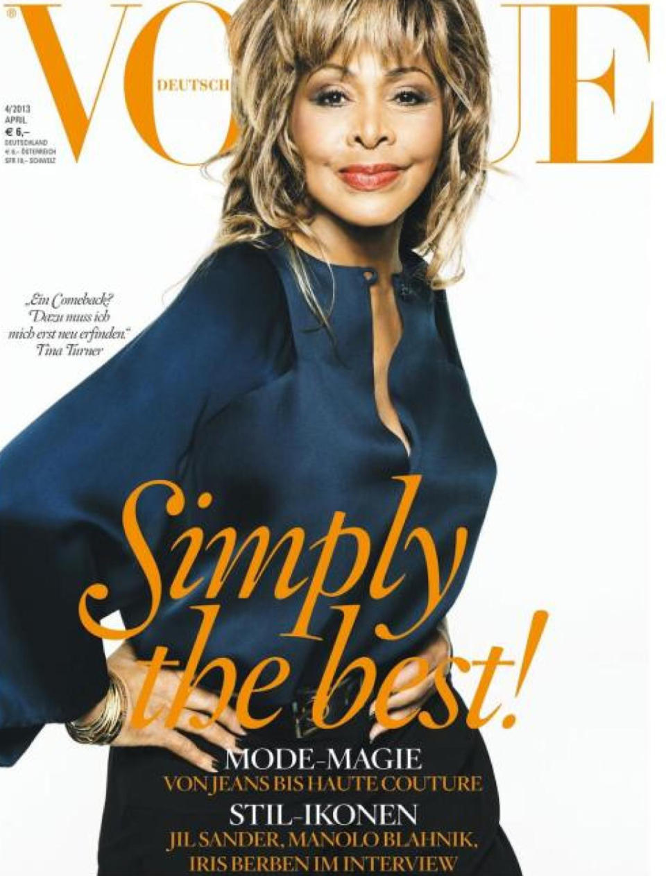 <p>Turner had previously held the title of oldest woman on the cover of a magazine when she appeared on <em>Vogue</em> Germany at 73 years old back in April 2013. (Photo: Vogue Germany) </p>