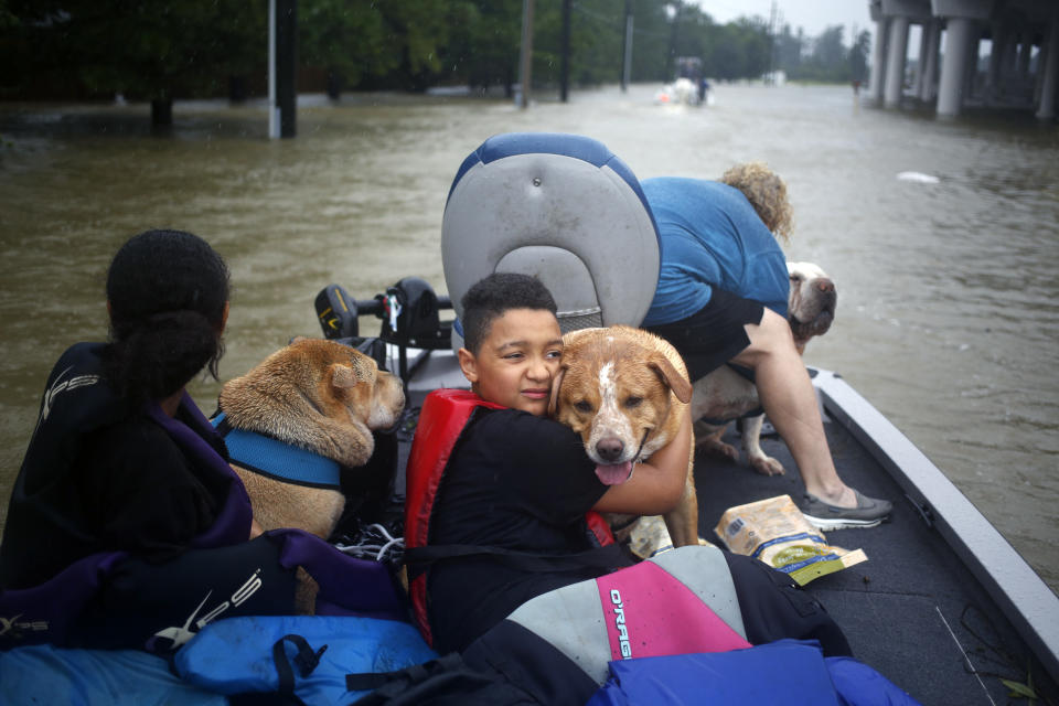 <p>A boy hugs his grandmothers’ dog after being rescued from rising floodwaters due to Hurricane Harvey in Spring, Texas, on Aug. 28, 2017. A deluge of rain and rising floodwaters leftÂ HoustonÂ immersed and helpless,Â crippling a global center of the oil industry and testing the economic resiliency of a state thats home to almost 1 in 12 U.S. workers. (Photo: Luke Sharrett/Bloomberg via Getty Images) </p>