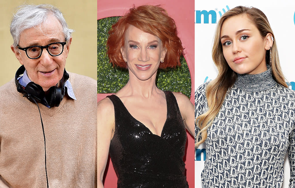 Kathy Griffin recalls Woody Allen talking to her about Miley Cyrus around the time the young actress starred in <em>Hannah Montana</em>, and it made her uneasy. (Photos: Getty Images)