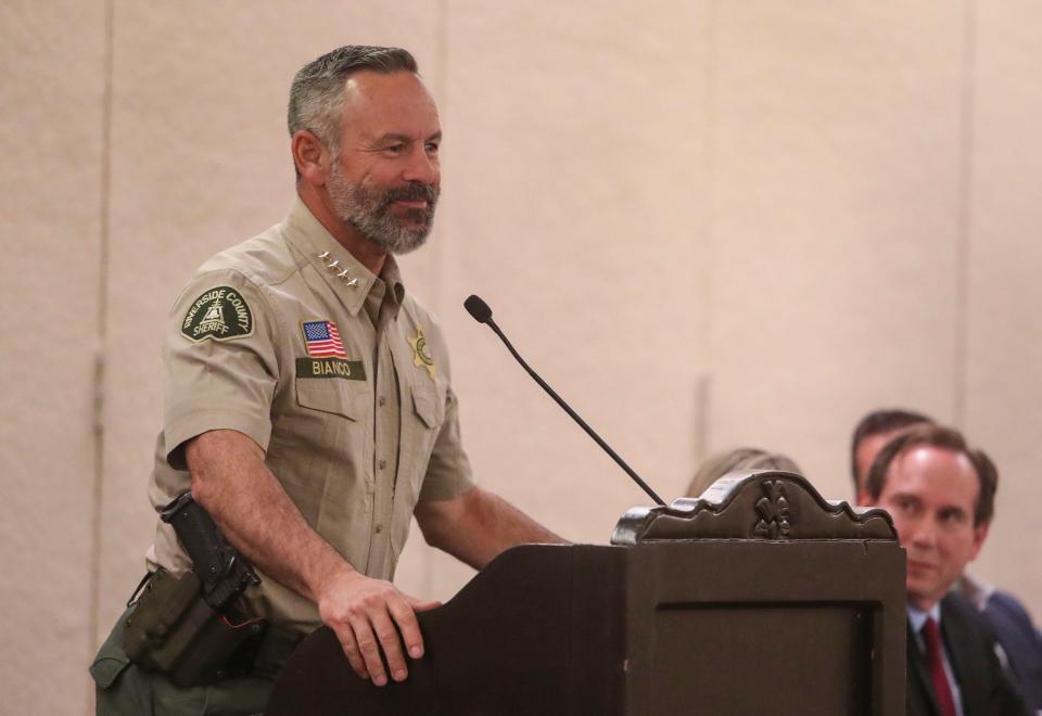 Riverside County Sheriff Chad Bianco speaks during a Concerned Citizens of La Quinta event in January.