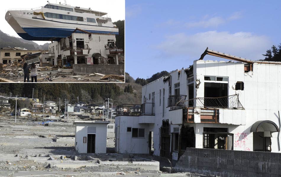 This combination of pictures shows a catamaran sightseeing boat washed by the tsunami onto a two-storey tourist home in Otsuchi, Iwate prefecture on April 16, 2011 (top) and the same area on January 16, 2012 (bottom). March 11, 2012 will mark the first anniversary of the massive tsunami that pummelled Japan, claiming more than 19,000 lives. AFP PHOTO / YASUYOSHI CHIBA (top) AFP PHOTO / TORU YAMANAKA (bottom)