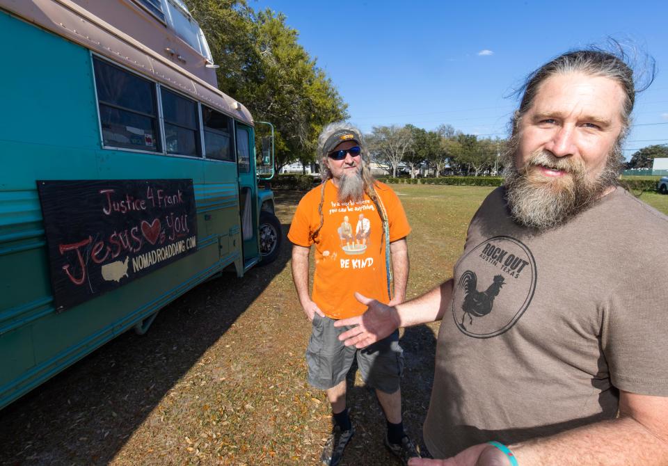 It's been two years since Larry Dugger was killed in the Ocala National Forest during a Rainbow gathering. No arrests have been made. Joshua Hanson, right, of the Jesus Loves You Kitchen and Nomad Land, and Pastor Peter Wohler, left, talk about the situation while in Ocala Wednesday.