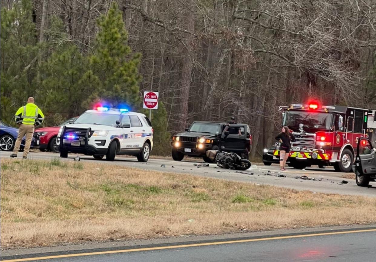 Prince George Police say a motorcyclist was killed Thursday, Jan. 25, 2024, when he reportedly ran a red light and hit an SUV on Oaklawn Boulevard in front of Fort Gregg-Adams.