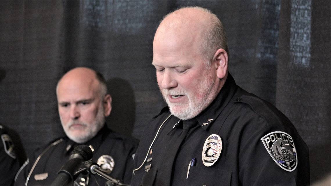 Moscow Police Chief James Fry, right, speaks at a news conference held in Moscow last month about progress in the investigation into the Nov. 13 killing of four University of Idaho students. To his left is Moscow Police Capt. Roger Lanier.