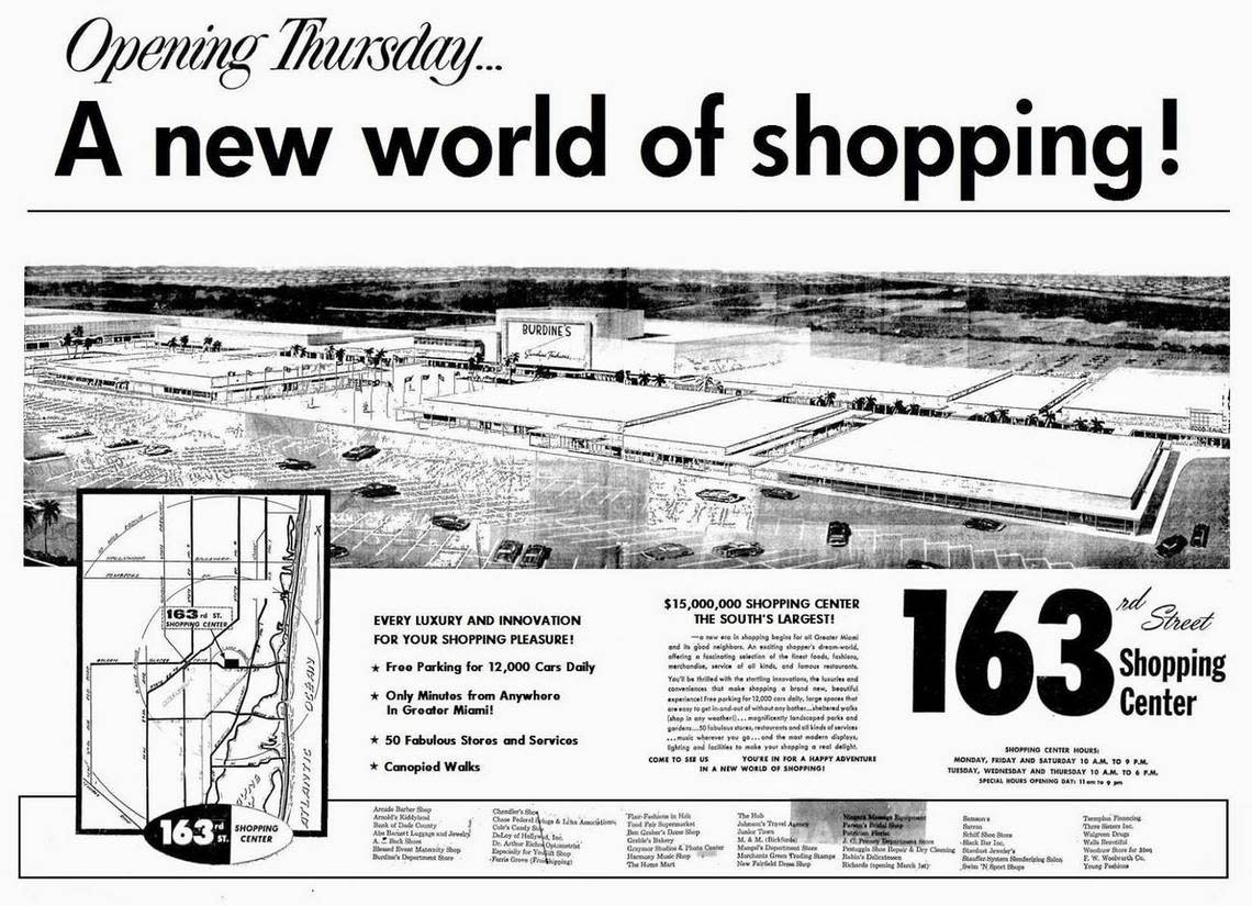 An advertisement in The Miami News announced the arrival of 163rd Street Shopping Center, which opened in November 1956. Free parking for 12,000 cars daily, 50 “fabulous” stores, including a Burdines, and canopied walks. The Miami News