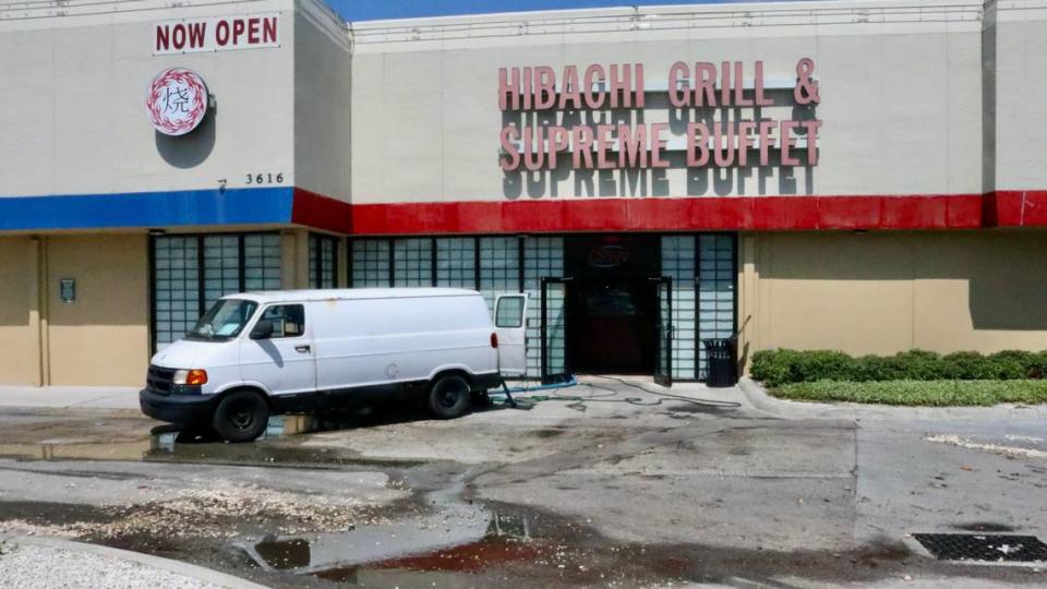 A crew was cleaning up the Hibachi Grill & Supreme Buffet, 3161 First Street, Bradenton, on Monday after flooding from heavy rains forced it to close Sunday afternoon.