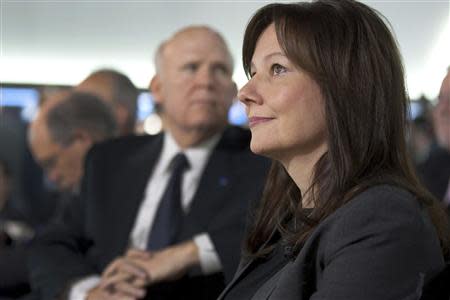 General Motors Executive Vice President, Global Product Development & Global Purchasing & Supply Chain Mary Barra (R) is pictured with Chairman and CEO Daniel Akerson in Detroit, Michigan in this January 10, 2012 handout photo. REUTERS/John F. Martin/General Motors/Handout via Reuters