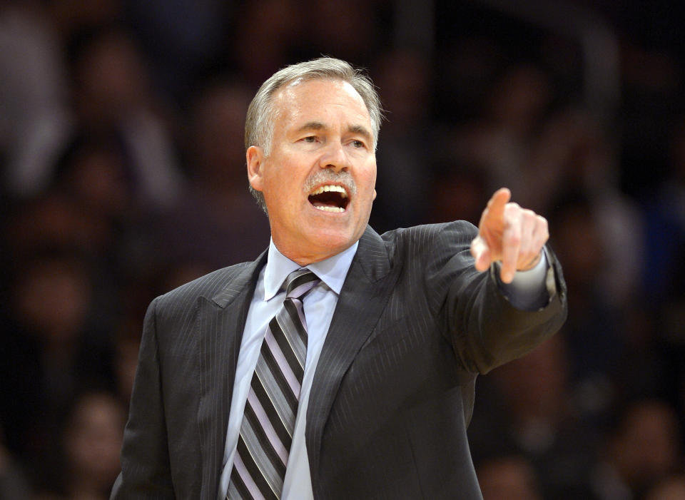 FILE - In this Feb. 28, 2014, file photo, Los Angeles Lakers head coach Mike D'Antoni gestures during the second half of an NBA basketball game against the Sacramento Kings in Los Angeles. Lakers spokesman John Black confirmed D'Antoni's resignation Wednesday, April 30. (AP Photo/Mark J. Terrill, File)