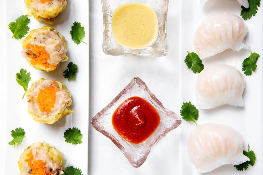 ALHAMBRA, CA- October 28, 2019: from left, Shumai and har gow from Lunasia on Monday, October 28, 2019. (Mariah Tauger / Los Angeles Times)