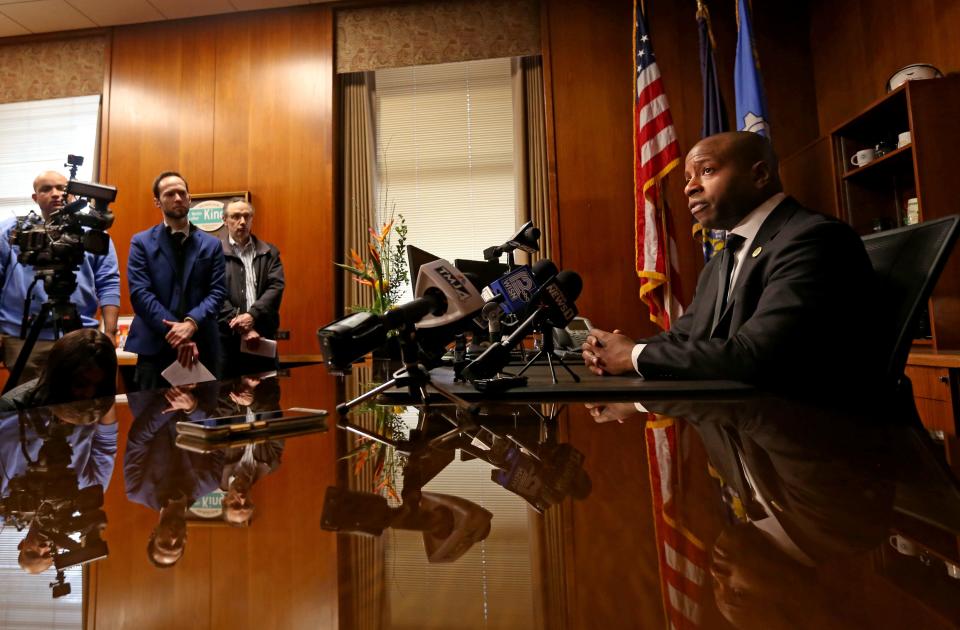 Cavalier Johnson holds his first news conference as the newly elected mayor on Wednesday at Milwaukee City Hall.  Johnson becomes the first African American mayor elected to the office.