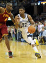 MEMPHIS, TN - APRIL 23: Rudy Gay #22 of the Memphis Grizzlies dribbles the ball during the NBA game against the Cleveland Cavaliers at FedExForum on April 23, 2012 in Memphis, Tennessee. NOTE TO USER: User expressly acknowledges and agrees that, by downloading and or using this photograph, User is consenting to the terms and conditions of the Getty Images License Agreement. (Photo by Andy Lyons/Getty Images)