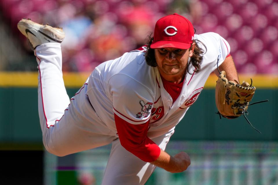 Ian Gibaut pitching against the Twins last September at Great American Ball Park.