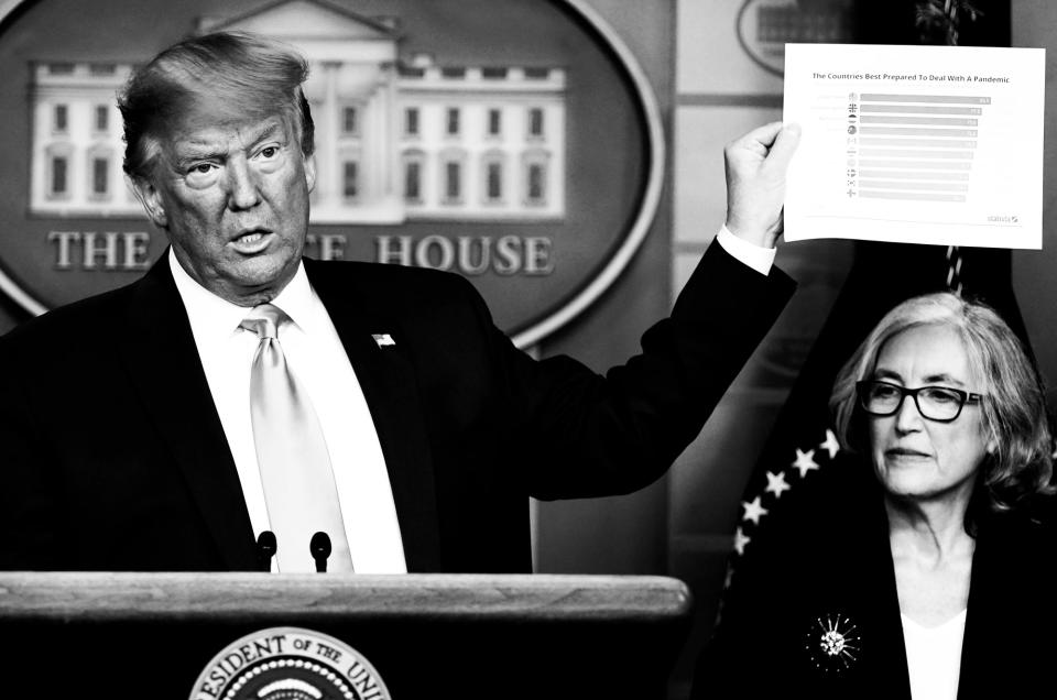 Pres. Trump addresses the press during a coronavirus briefing from the White House in February.