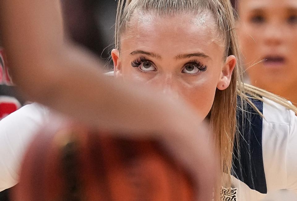 Bedford North Chloe Spreen (2) watches the ball during the IHSAA Class 3A girls basketball state finals championship game Saturday, Feb. 25, 2023 at Gainbridge Fieldhouse in Indianapolis. The Bedford North Stars defeated the Fishers Tigers, 46-42.