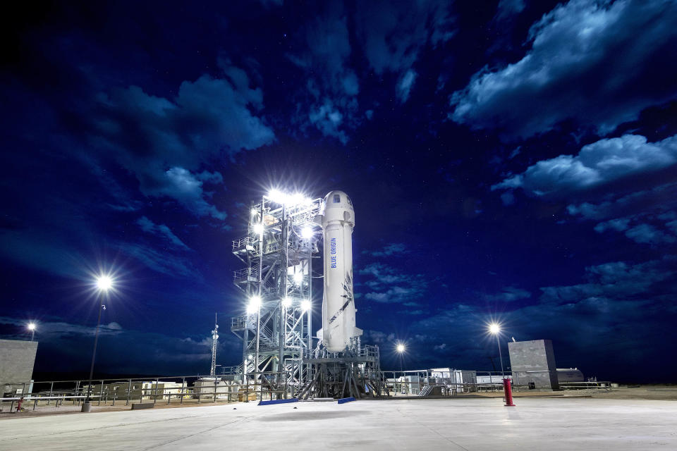 A Blue Origin rocket sitting on a launch pad