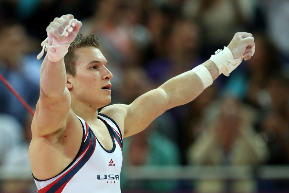 LONDON, ENGLAND - JULY 30: Jonathan Horton of the United States reacts in the Artistic Gymnastics Men's Team final on Day 3 of the London 2012 Olympic Games at North Greenwich Arena on July 30, 2012 in London, England. (Photo by Ronald Martinez/Getty Images)