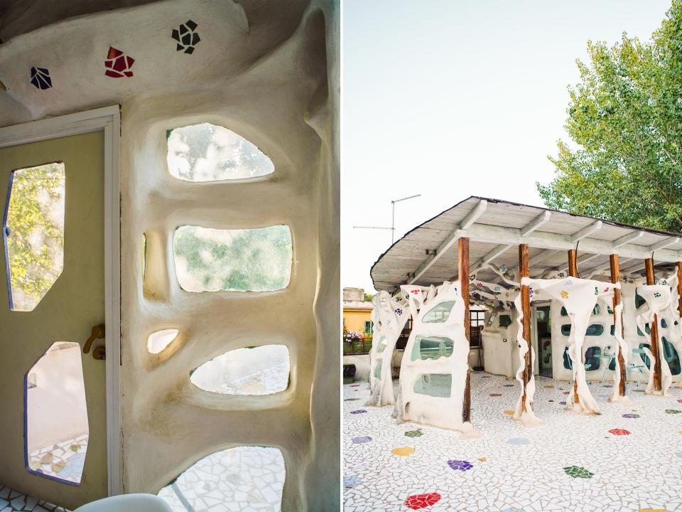 The inside and outside of the livable sculpture Airbnb in Rome