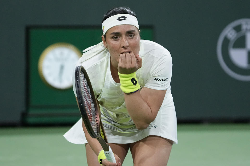 Ons Jabeur, of Tunisia, reacts to a point lost to Magdalena Frech, of Poland, at the BNP Paribas Open tennis tournament Saturday, March 11, 2023, in Indian Wells, Calif. (AP Photo/Mark J. Terrill)