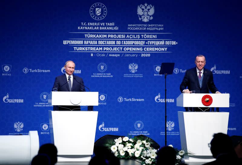 Turkish President Tayyip Erdogan and Russian President Vladimir Putin attend a ceremony marking the formal launch of the TurkStream in Istanbul