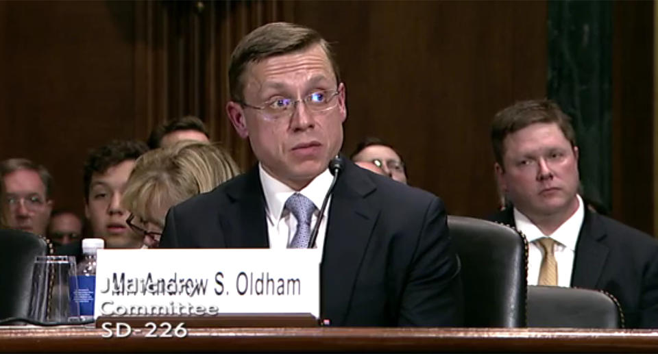 Andrew Oldham testifies before the U.S. Senate Judiciary Committee on April 25, 2018. (Video still: Committee on the Judiciary)